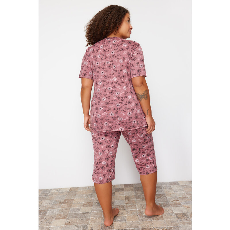Trendyol Curve Pink Floral Pattern Capri Knitted Pajamas Set
