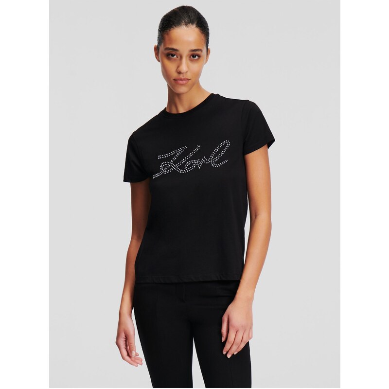 Černé dámské tričko KARL LAGERFELD Rhinestone Logo - Dámské