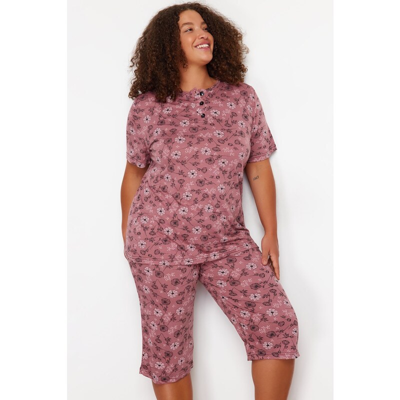 Trendyol Curve Pink Floral Pattern Capri Knitted Pajamas Set