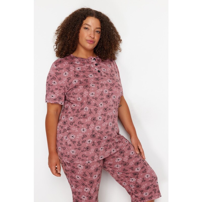 Trendyol Curve Pink Floral Pattern Capri Knitted Pajamas Set