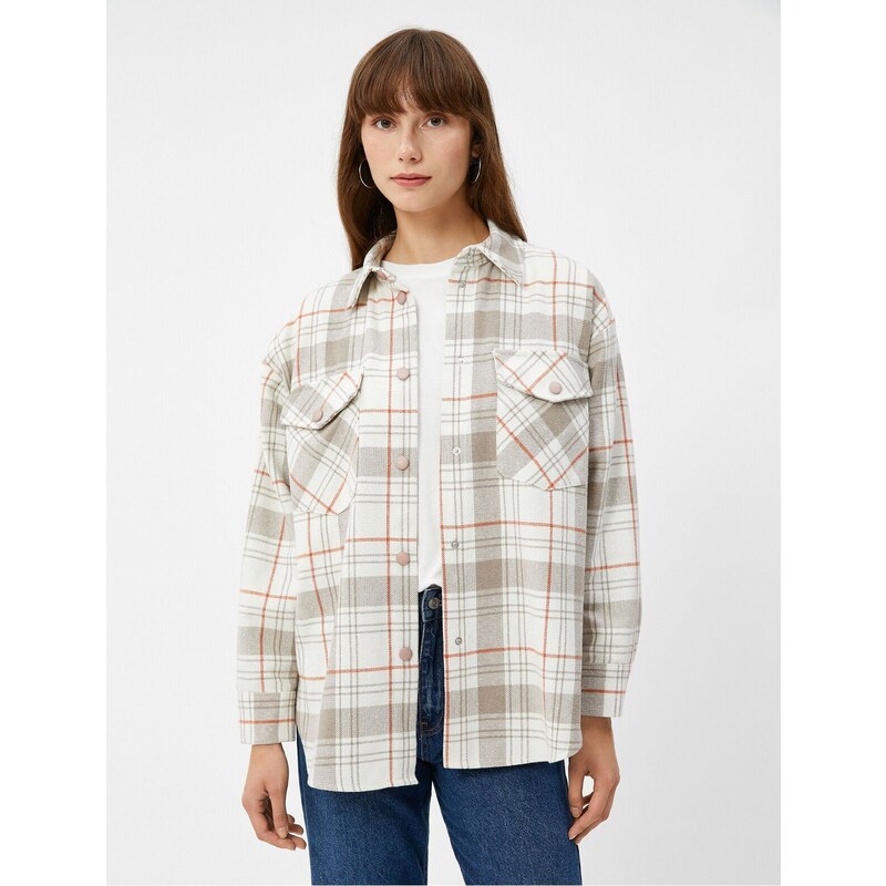 Koton Long-Sleeved Shirt with Lids, Pockets and Snap Fasteners Brown Plaid.