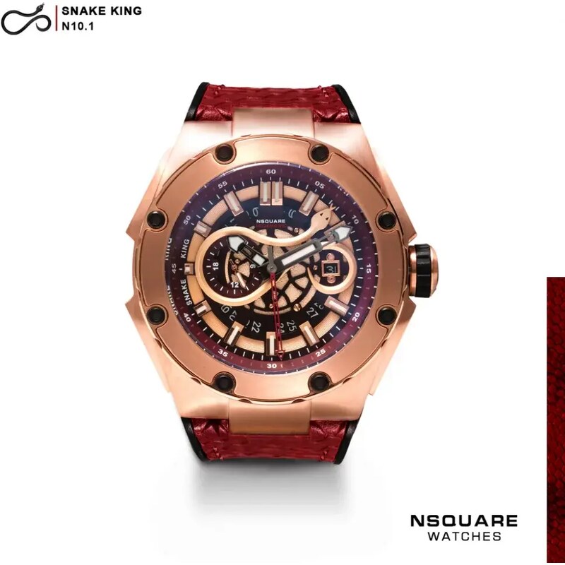Nsquare Watches Zlaté pánské hodinky Nsquare s koženým páskem SnakeQueen Gold 46MM Automatic