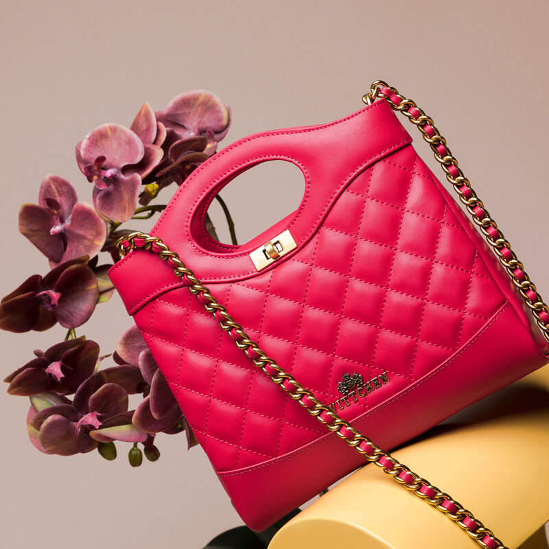 Prošívaná kožená dámská kabelka s řetízkem Wittchen, tmavě růžová, přírodní kůže