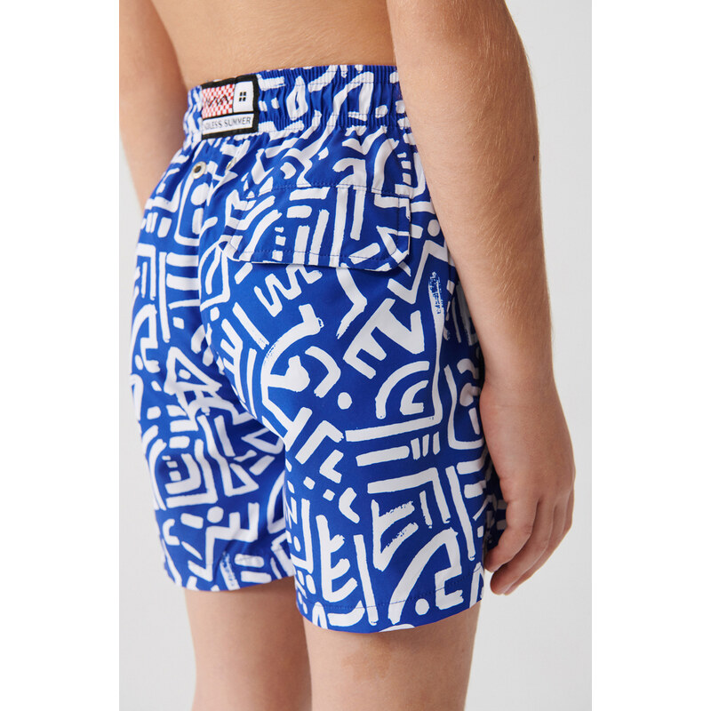 Avva Blue Quick Dry Geometric Printed Standard Size Children's Special Boxed Comfort Fit Swimsuit Sea Shorts