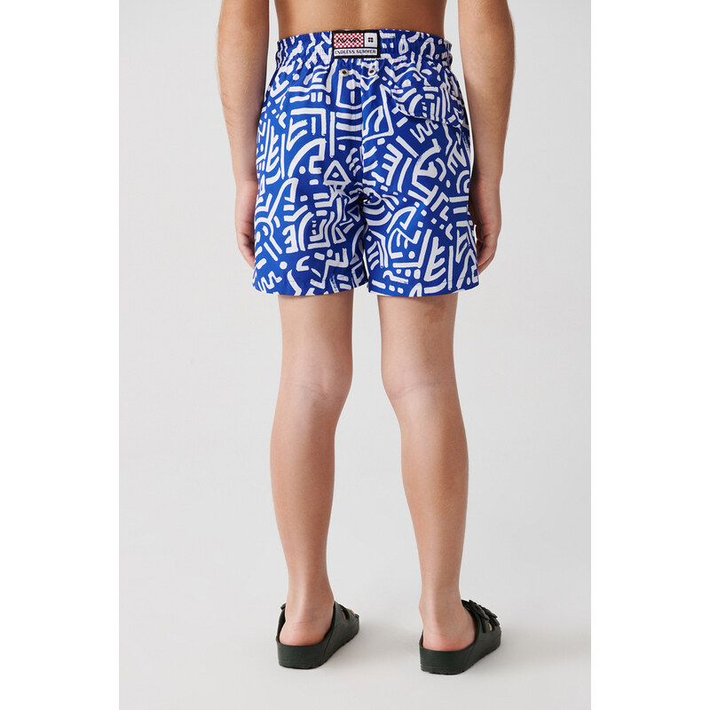 Avva Blue Quick Dry Geometric Printed Standard Size Children's Special Boxed Comfort Fit Swimsuit Sea Shorts