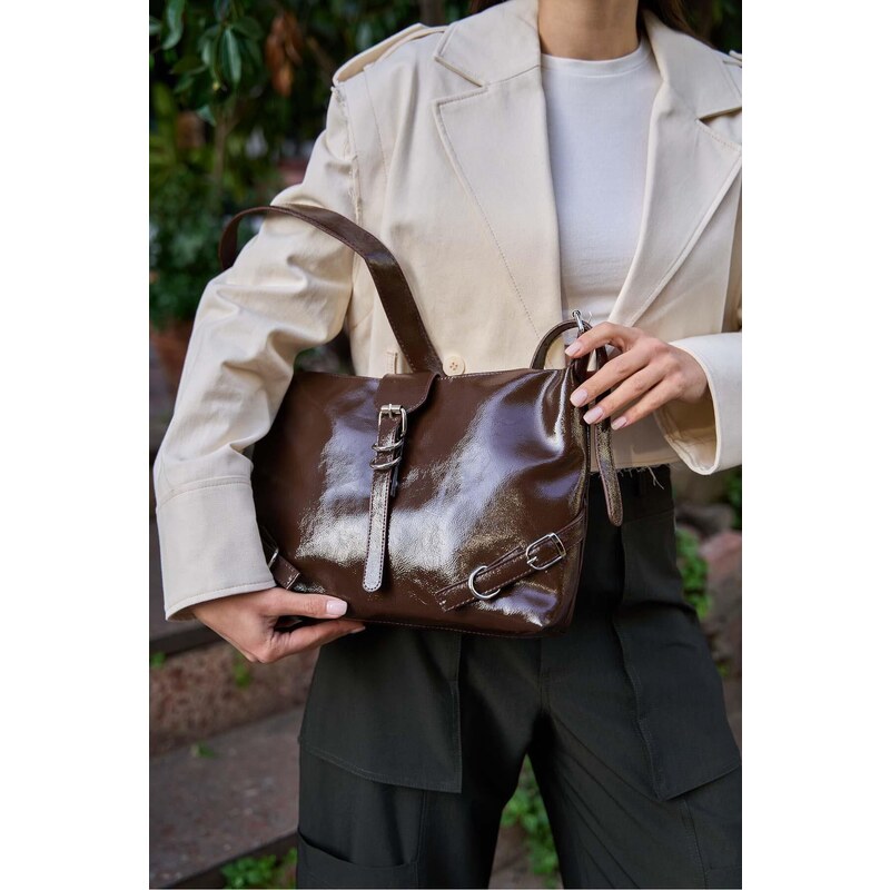 Madamra Brown Patent Leather Women's Belt Cornered Patent Leather Shoulder Bag