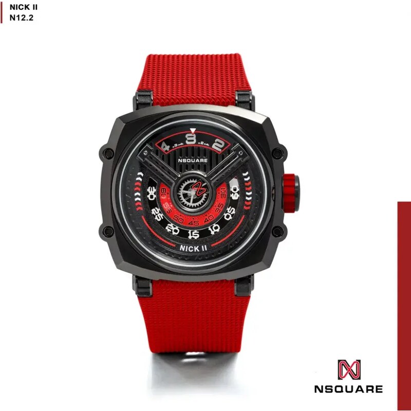 Nsquare Watches Černé pánské hodinky Nsquare s gumovým páskem NSQUARE NICK II Black Red 45MM Automatic