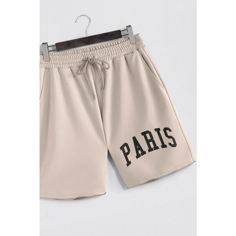 Šortky, Barva Ekru, s Potiskem Paris Letters