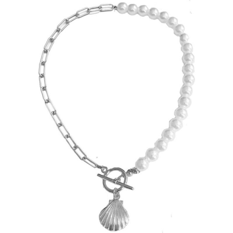 Camerazar Náhrdelník s perlami a přívěskem mušle, zlatý, délka 39 cm, šířka perel 10 mm