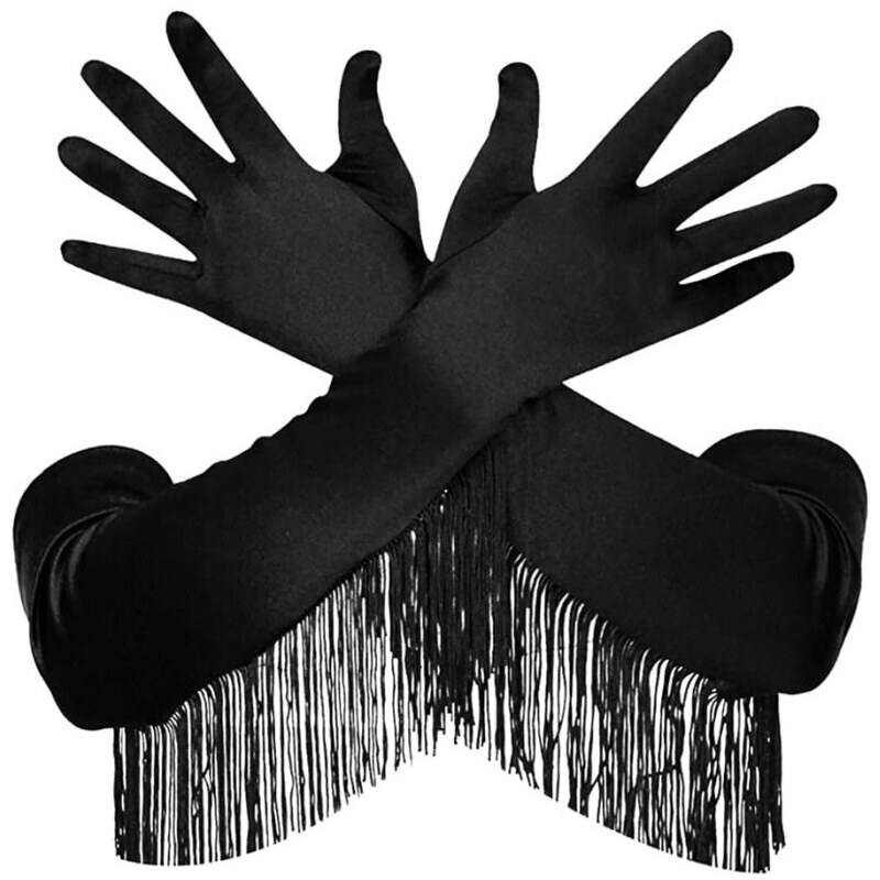Camerazar Retro elegantní černé saténové rukavice se střapci