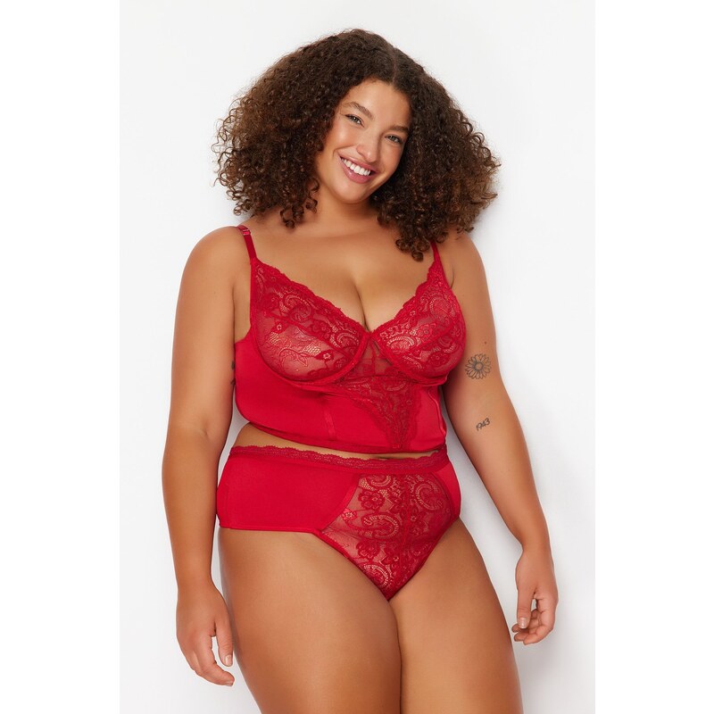 Trendyol Curve Red Lace Detailed Bustier-Panties Underwear Sets