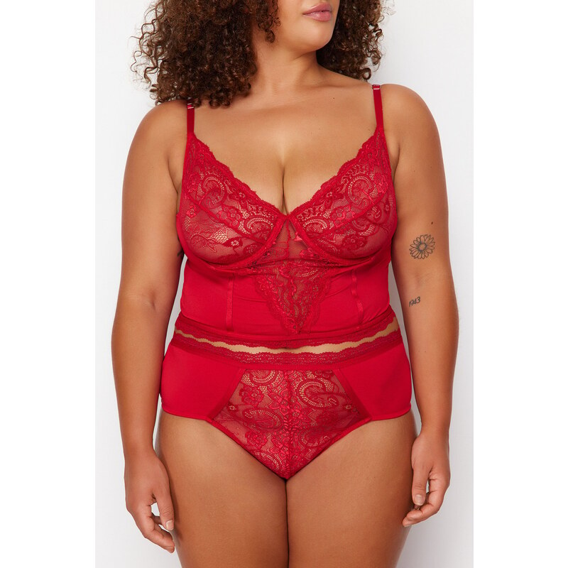 Trendyol Curve Red Lace Detailed Bustier-Panties Underwear Sets