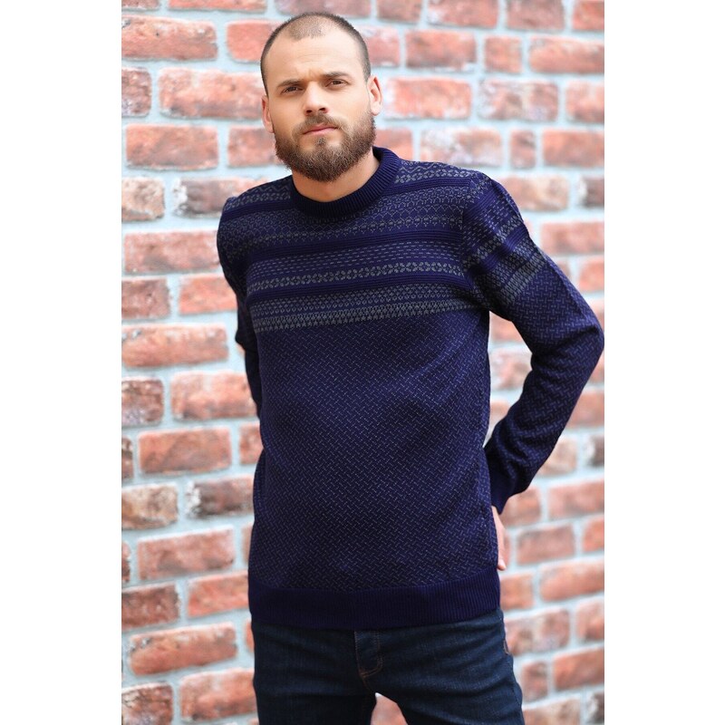 Madmext Navy Blue Sleeve Patterned Crew Neck Knitwear Men's Sweater 5987