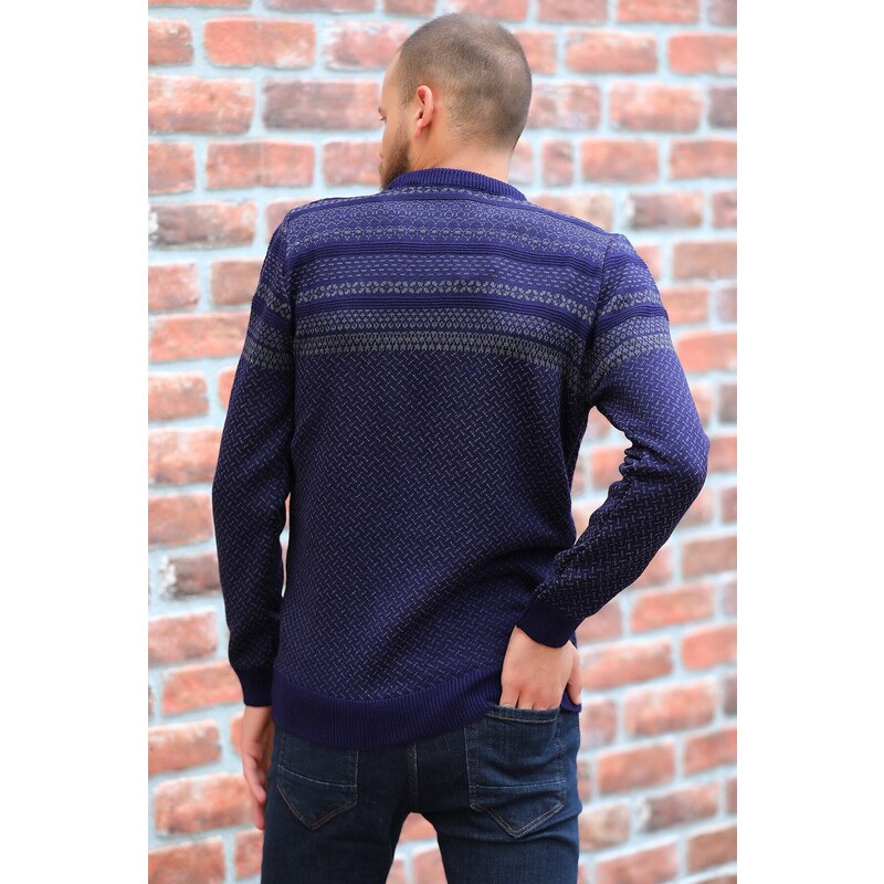 Madmext Navy Blue Sleeve Patterned Crew Neck Knitwear Men's Sweater 5987