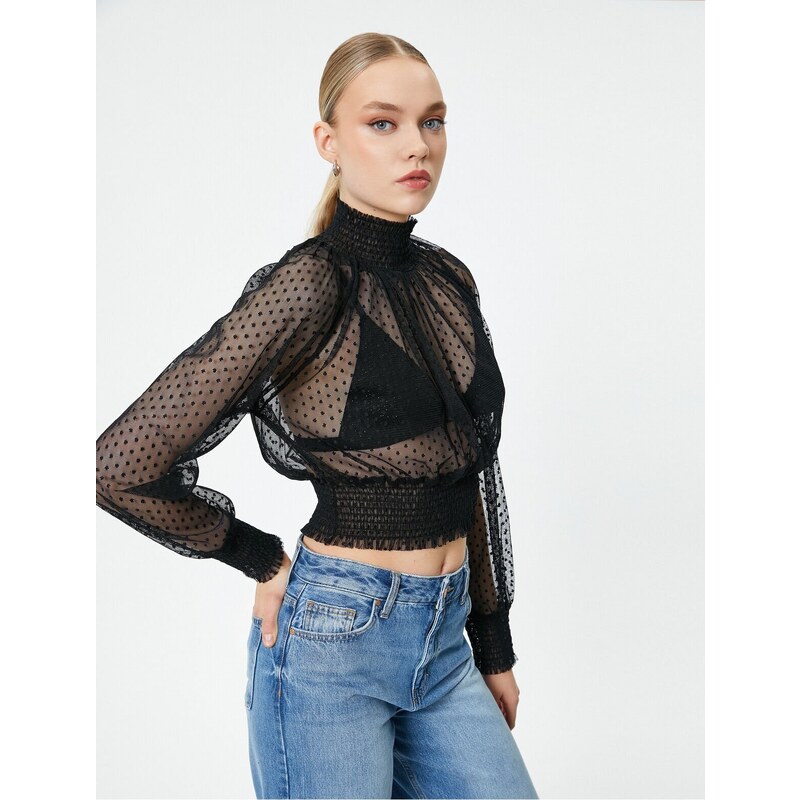 Koton Sheer Lace Blouse High Neck Gimped