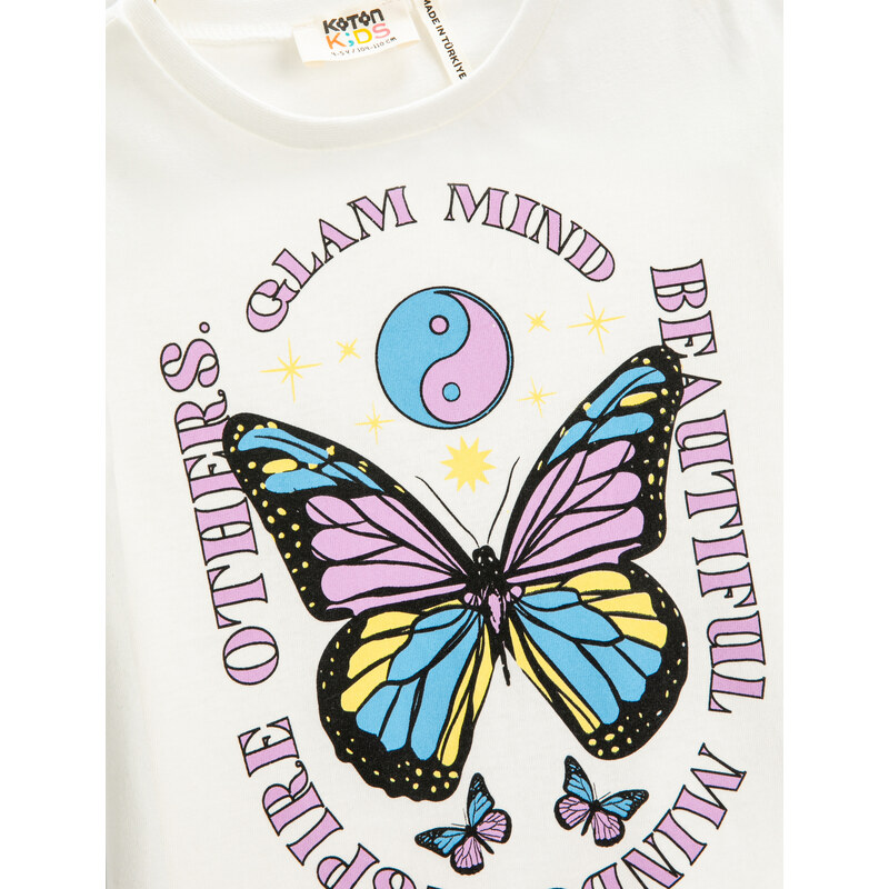 Koton Butterfly Printed Cotton T-Shirt Short Sleeved Crew Neck