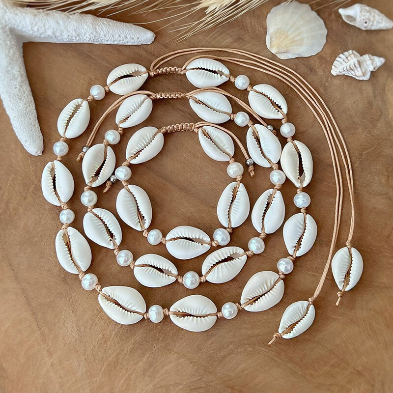 Estemia Sada náhrdelníku, náramku a nákotníku z mušlí kauri a říčních perel