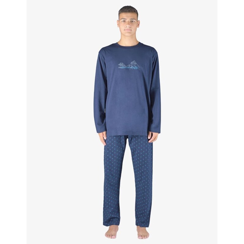GINA pánské pyžamo dlouhé pánské, šité, s potiskem Pyžama 2023 79151P - lékořice dunaj