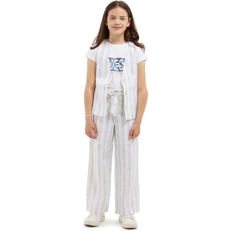 Kalhoty s lněnou směsí pro děti Guess béžová barva, vzorované