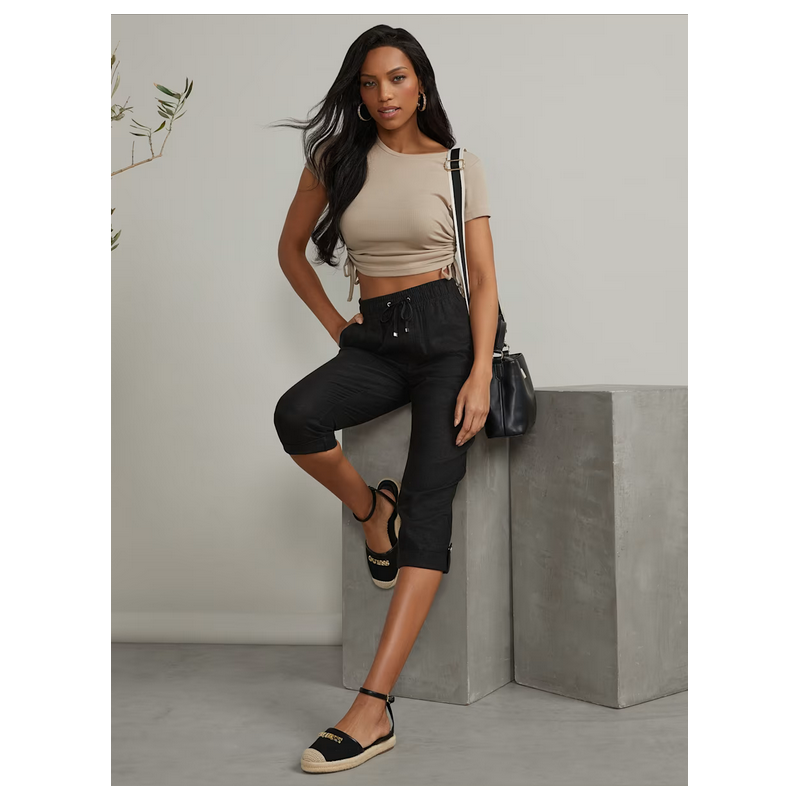 GUESS dámské lněné capri kalhoty Charlotte černé XL