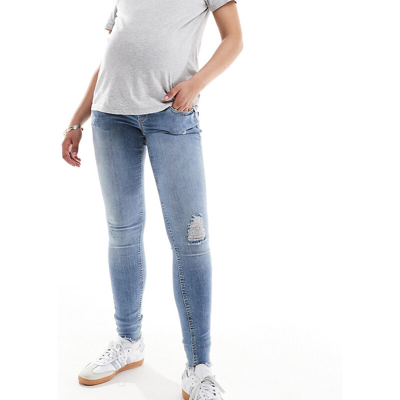 ONLY Maternity Blush skinny jeans with frayed hem in mid blue 91919784