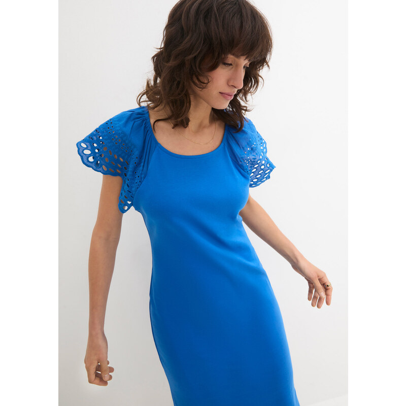 bonprix Úpletové šaty s ažurovou krajkou Modrá
