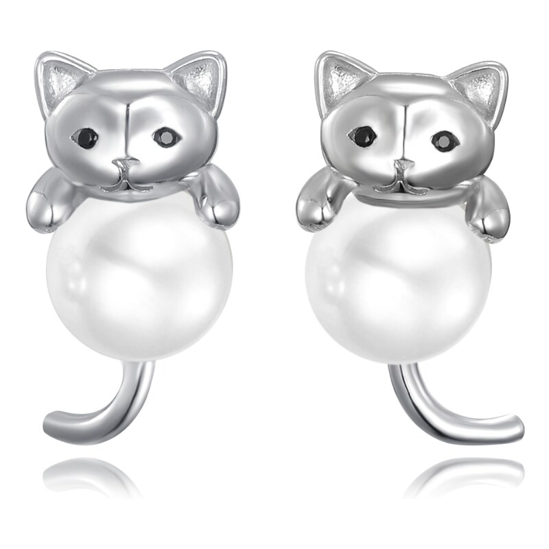 MINET Stříbrné náušnice perly s kočkami