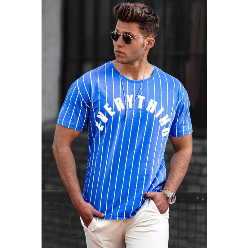 Madmext Striped Printed Indigo T-Shirt 3007