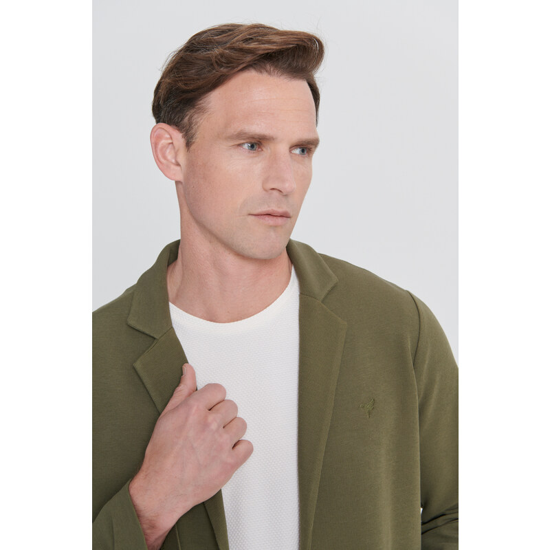 AC&Co / Altınyıldız Classics Men's Khaki Standard Fit Normal Cut Shirt Collar Cotton Knitted Blazer Jacket