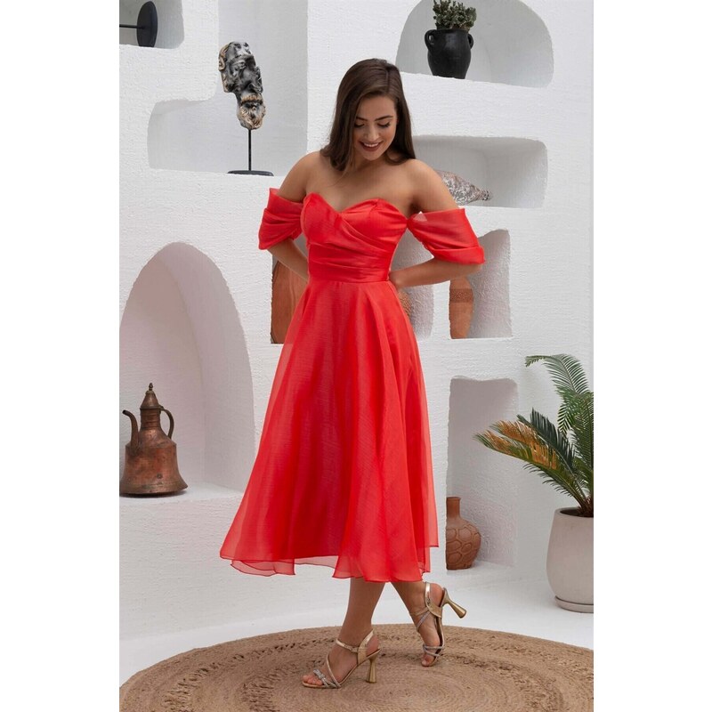 Carmen Coral Low Sleeve Organza Engagement Evening Dress