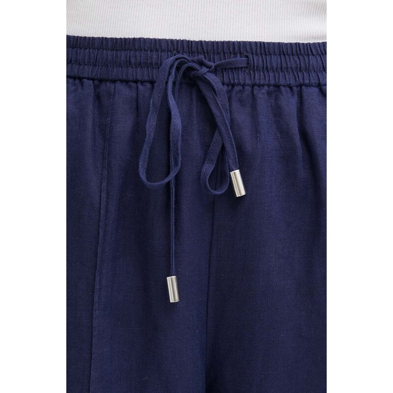 Plátěné kalhoty United Colors of Benetton tmavomodrá barva, jednoduché, high waist