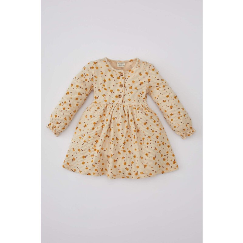 DEFACTO Baby Girl Patterned Long Sleeve Ribbed Dress