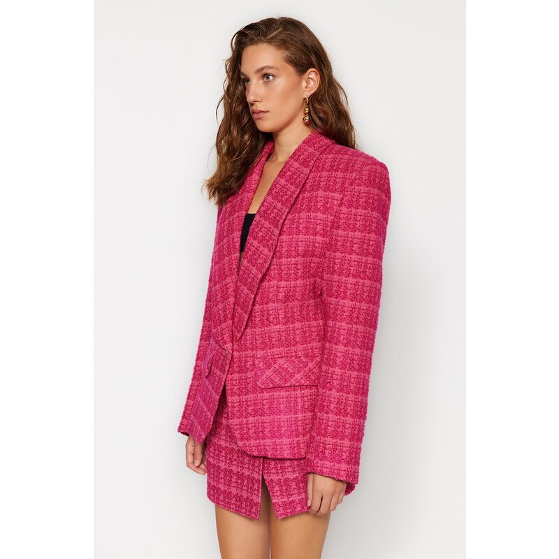 Trendyol X Sagaza Studio Pink Fitted Tweed Jacket