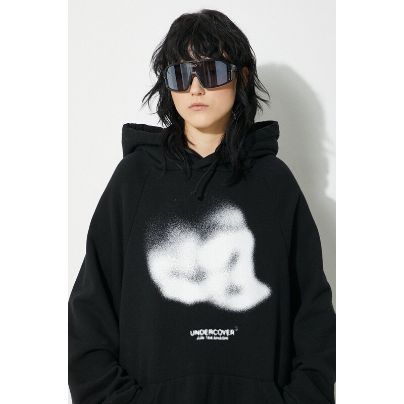 Bavlněná mikina Undercover Hoodie dámská, černá barva, s kapucí, s potiskem, UC1D1801.3