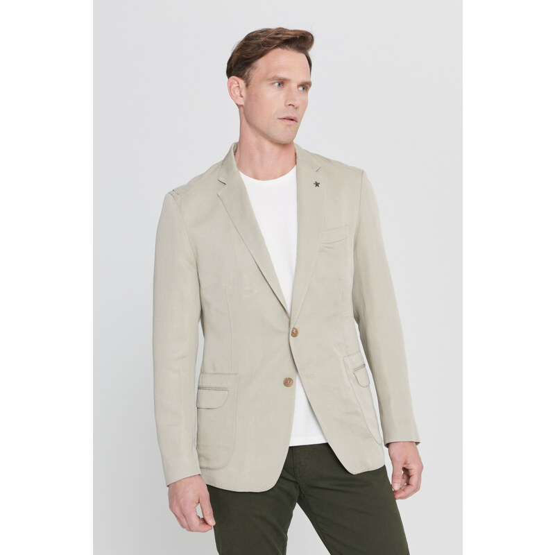 ALTINYILDIZ CLASSICS Men's Beige Slim Fit Slim Fit Linen Mono Collar Patterned Blazer Jacket