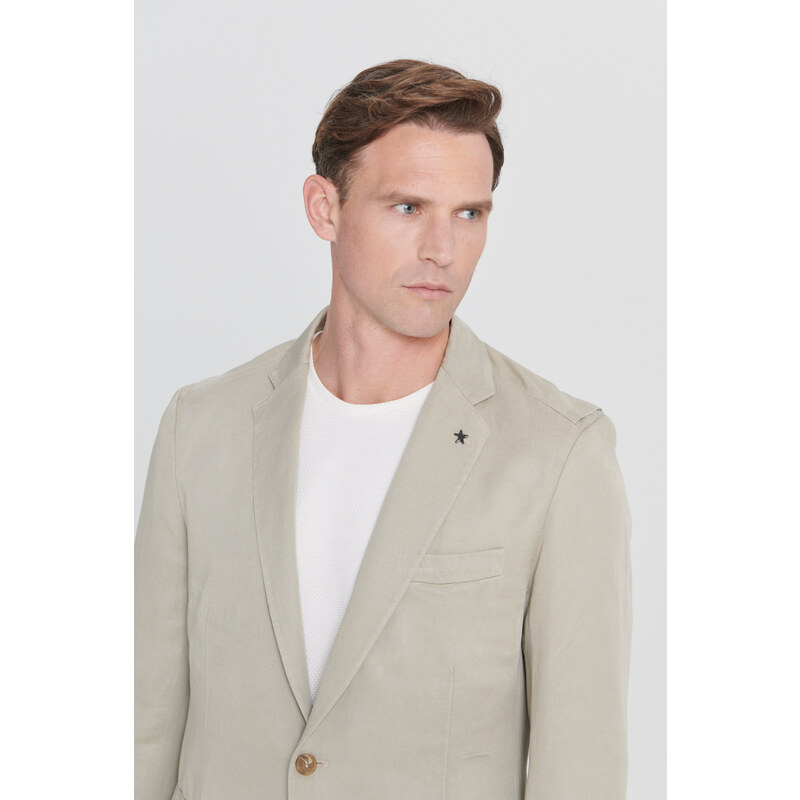 ALTINYILDIZ CLASSICS Men's Beige Slim Fit Slim Fit Mono Collar Patterned Linen Blazer Jacket