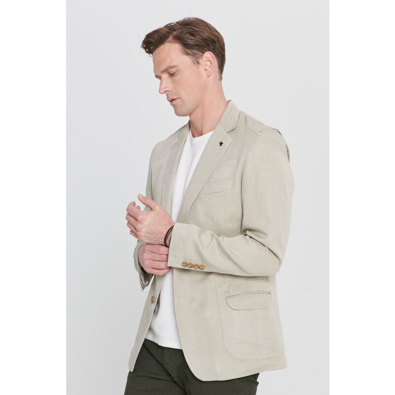 ALTINYILDIZ CLASSICS Men's Beige Slim Fit Slim Fit Linen Mono Collar Patterned Blazer Jacket