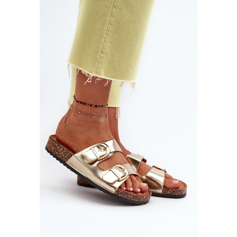 Kesi Dámské pantofle na korkové platformě s ramínky, zlatá Doretta