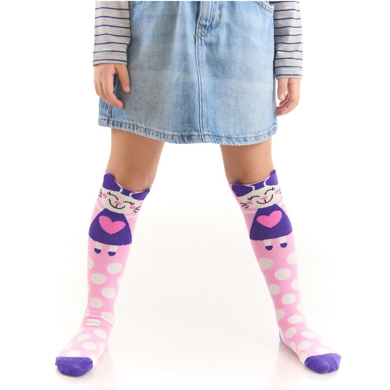 Denokids Naughty Cat Girl Child Pink Knee-Length Socks