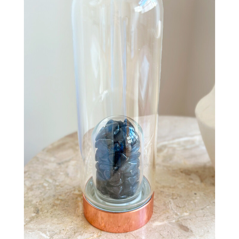 Gaia Crystal Skleněná lahev rose gold s minerálem obsidián