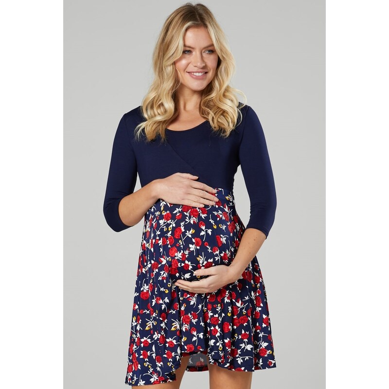 Happy Mama Květinové těhotenské a kojící mini šaty Wrap modré s růžičkami
