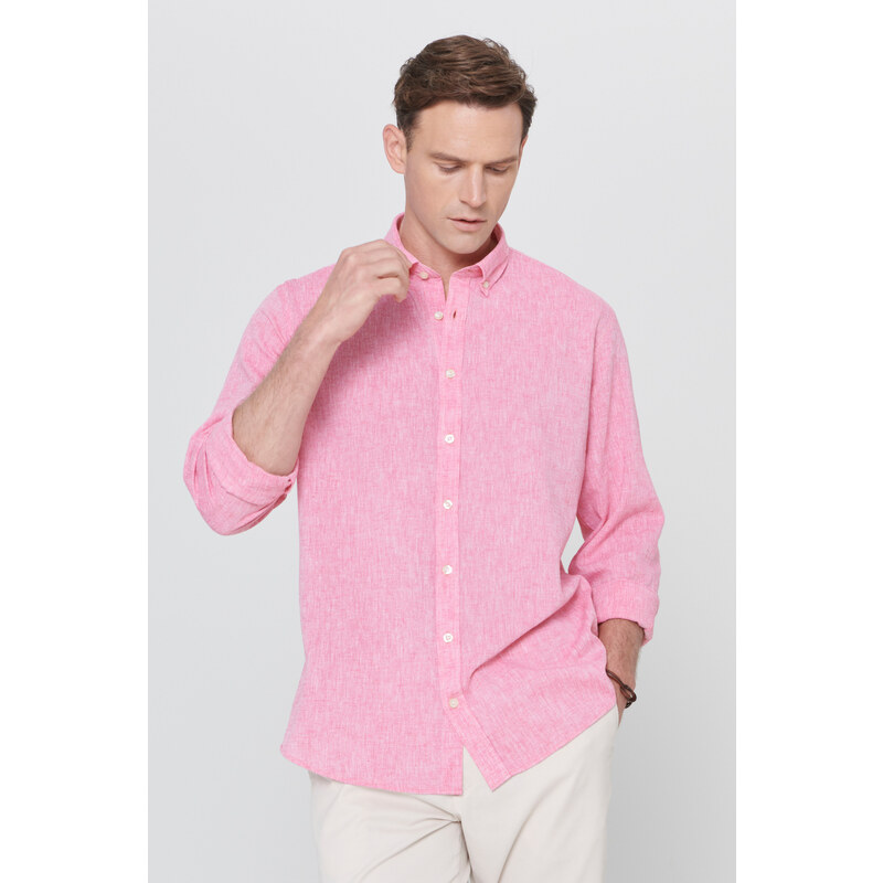 AC&Co / Altınyıldız Classics Men's Fuchsia Comfort Fit Relaxed-Cut Buttoned Collar Casual Linen Shirt.