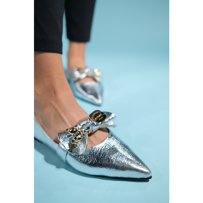 LuviShoes HELSI Women's Silver Bow Flat Flats
