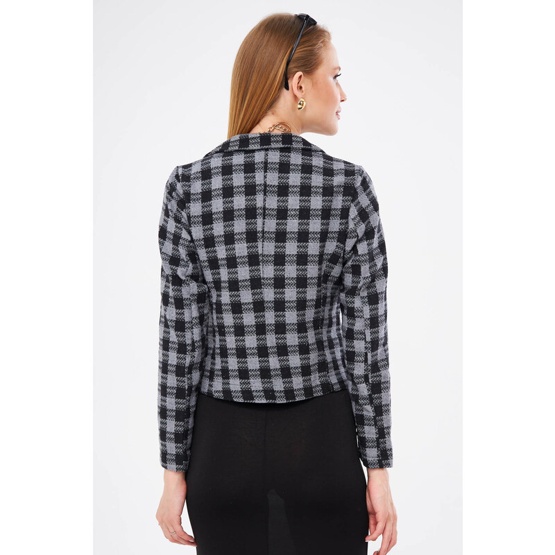 armonika Women's Smoky Double Breasted Collar Tweed Crop Jacket