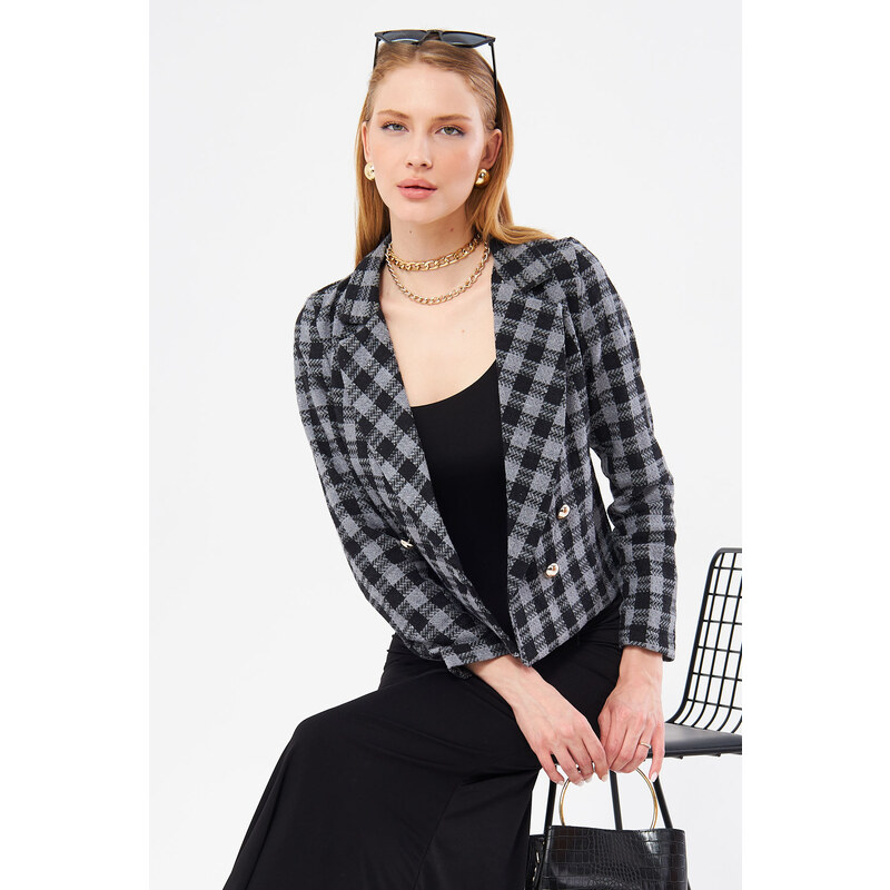 armonika Women's Smoky Double Breasted Collar Tweed Crop Jacket