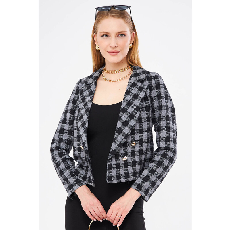 armonika Women's Smoky Double Breasted Collar Tweed Crop Jacket