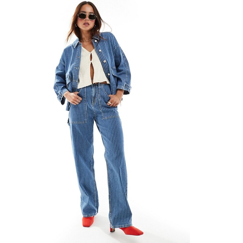 ONLY Kirsi high waisted wide leg cargo jeans co-ord in blue and white 92002580