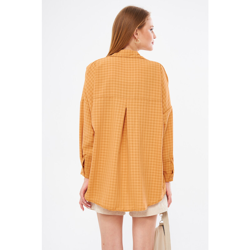 armonika Women's Camel Square Pattern Oversize Long Basic Shirt