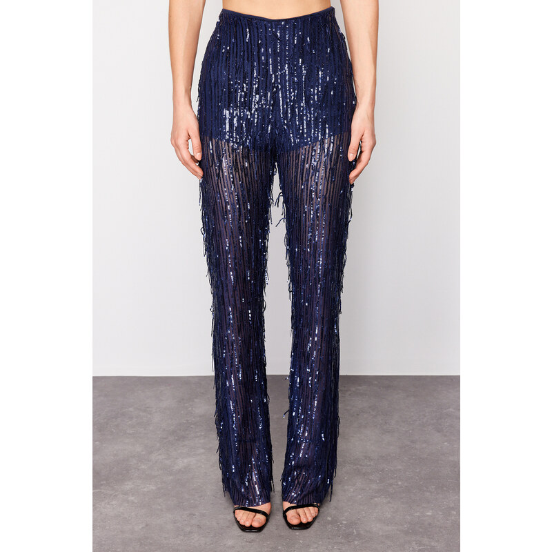 Trendyol Navy Blue Wide Leg Sequined Knitted Trousers