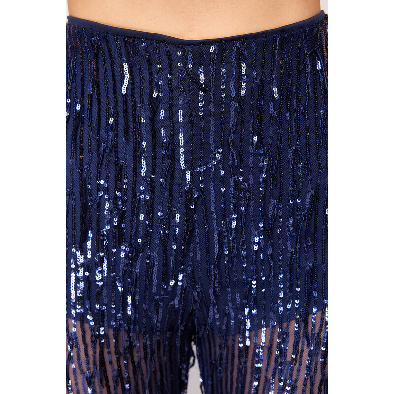 Trendyol Navy Blue Wide Leg Sequined Knitted Trousers